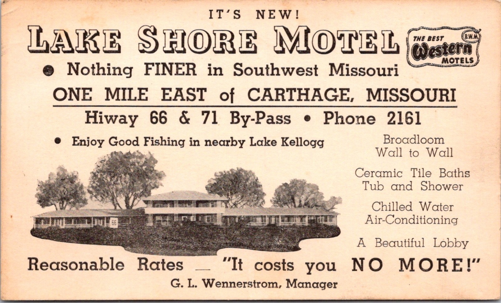 Postcard Lake Shore Motel Hiway Route 66 & &1 by-Pass Carthage Missouri Fishing