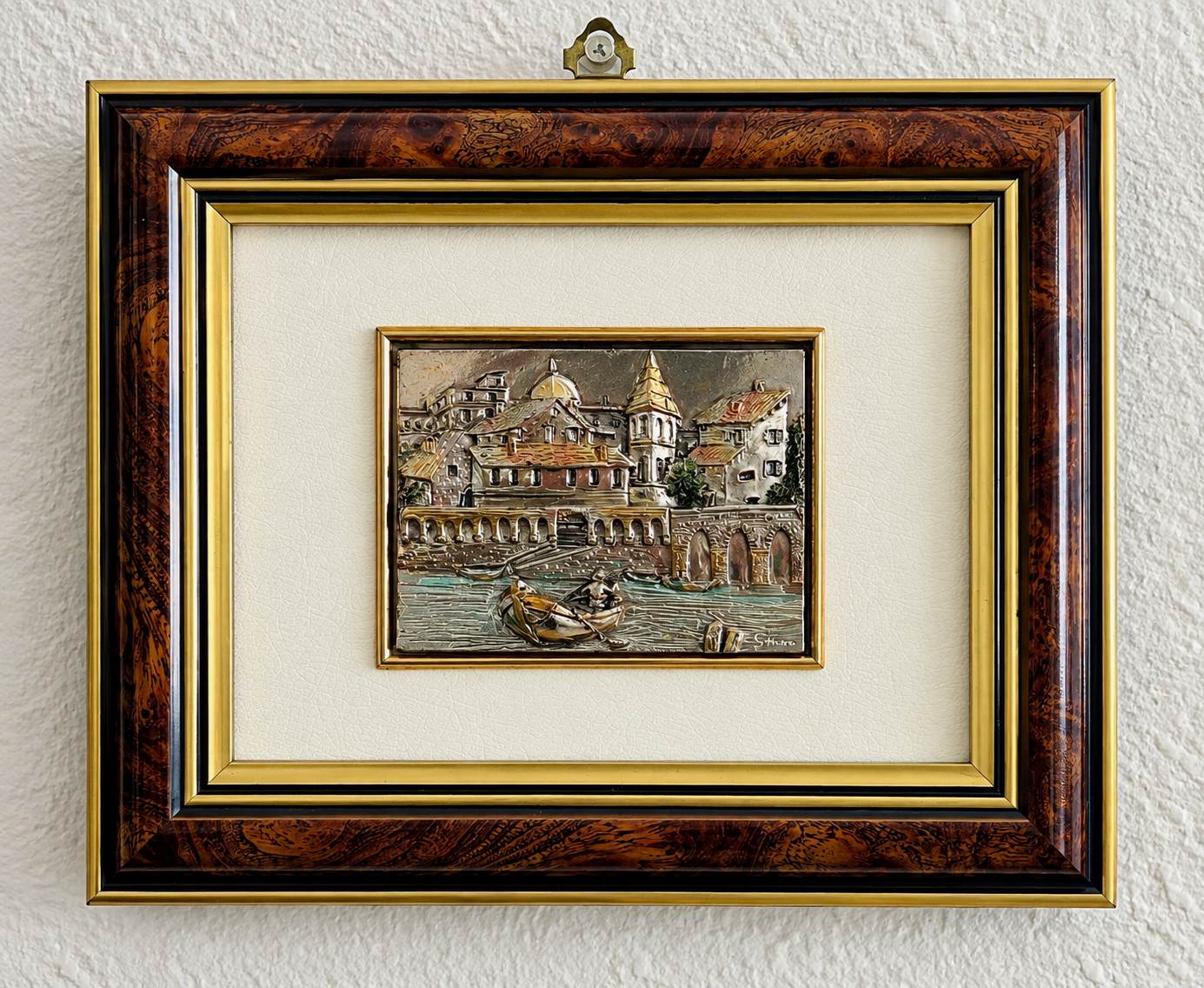 Vintage Italian 3D Bas Relief Coastal Village Canal Scene Wall Art Wood Framed.