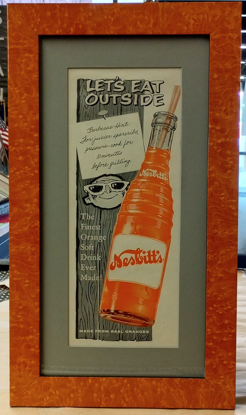 NESBITT\'S ORANGE SODA RARE FRAMED 1957  PROMO BANNER AD COOL MAN CAVE RETRO ART