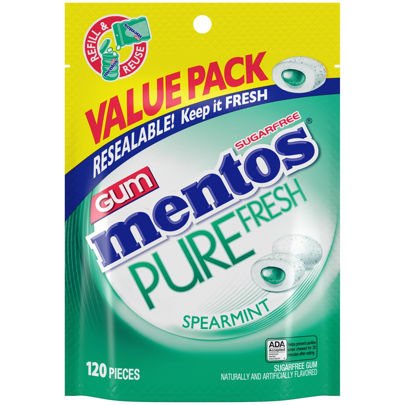 Mentos Pure Fresh Sugar-Free Chewing Gum with Xylitol, Spearmint, 120 Piece Bulk