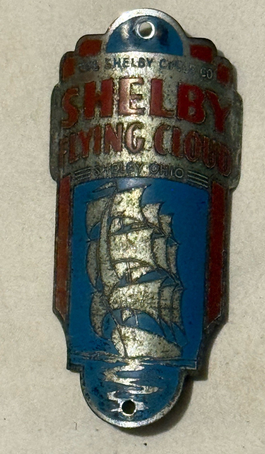 Vintage Shelby Flying Cloud Bicycle Head Badge Original Red Ship Emblem Prewar
