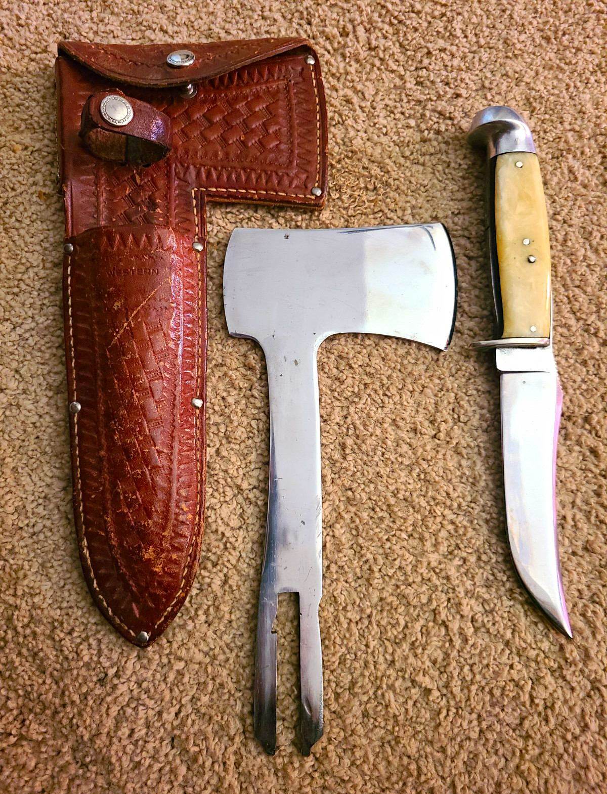 Vintage 1930s Western Boulder Colo Knife Hatchet Combo Set BX Pearl Pat 1967479