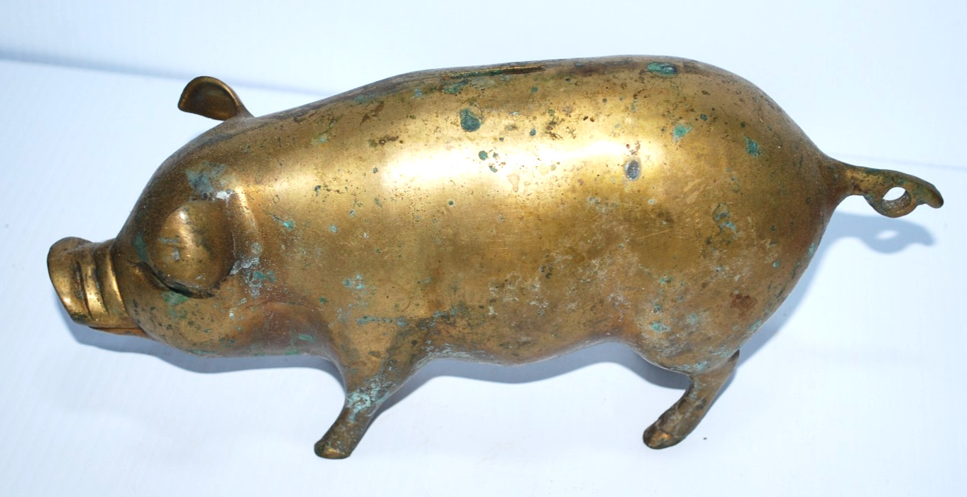 Vintage Large Solid Brass Pig Piggy Bank 9” Heavy Coin Bank Curly Tail Decor