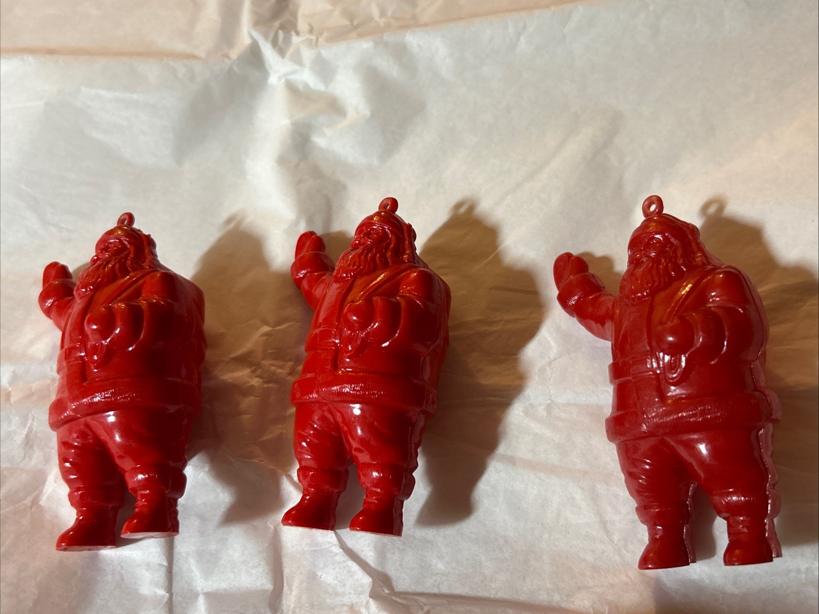 Vintage 1950’s Red Hard Plastic Santa Ornaments/ Candy Holder Lot Of 3