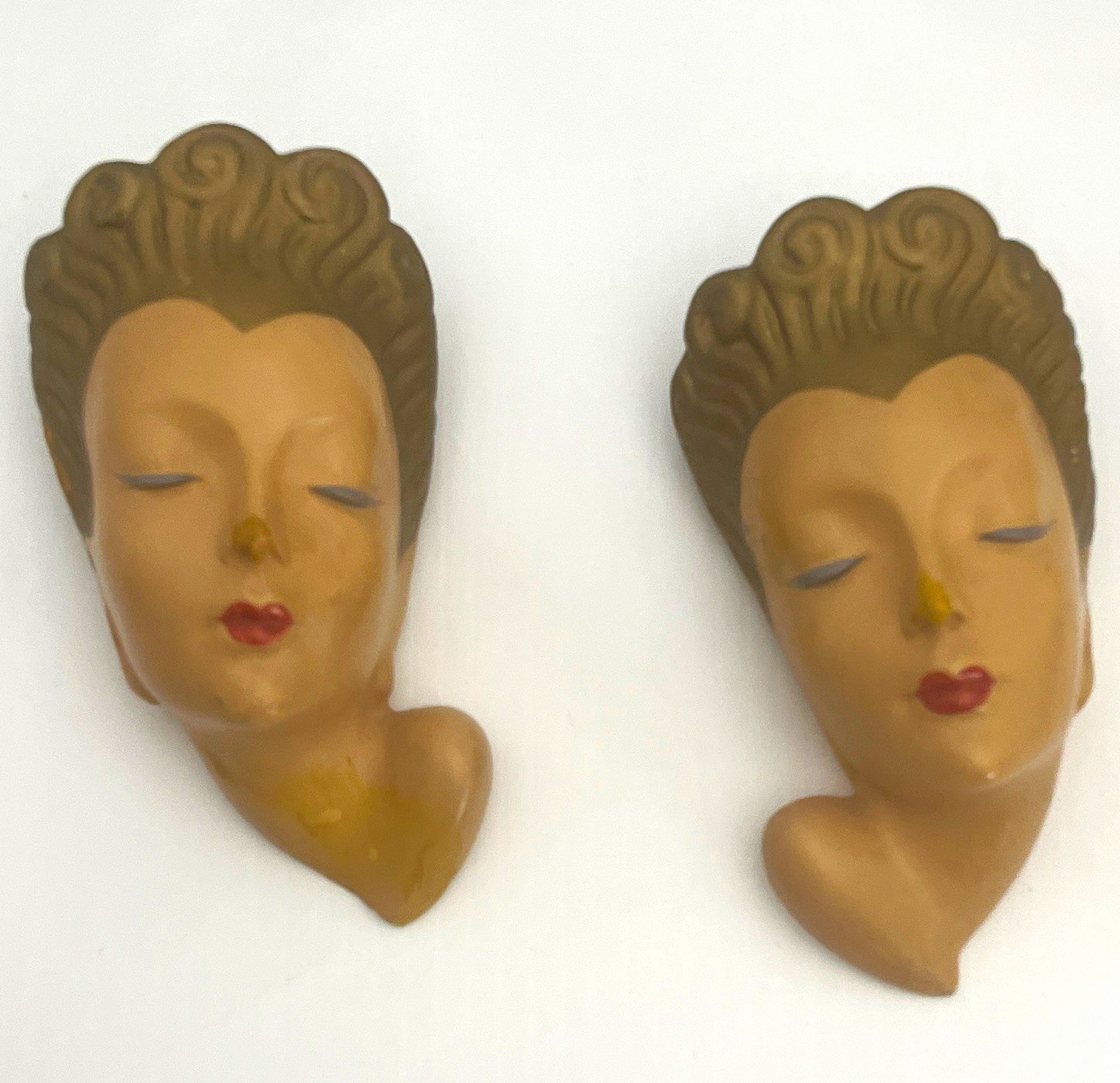 Pair Vintage 1940s Painted Ceramic Woman Face Wall Plaques Wall Mounted