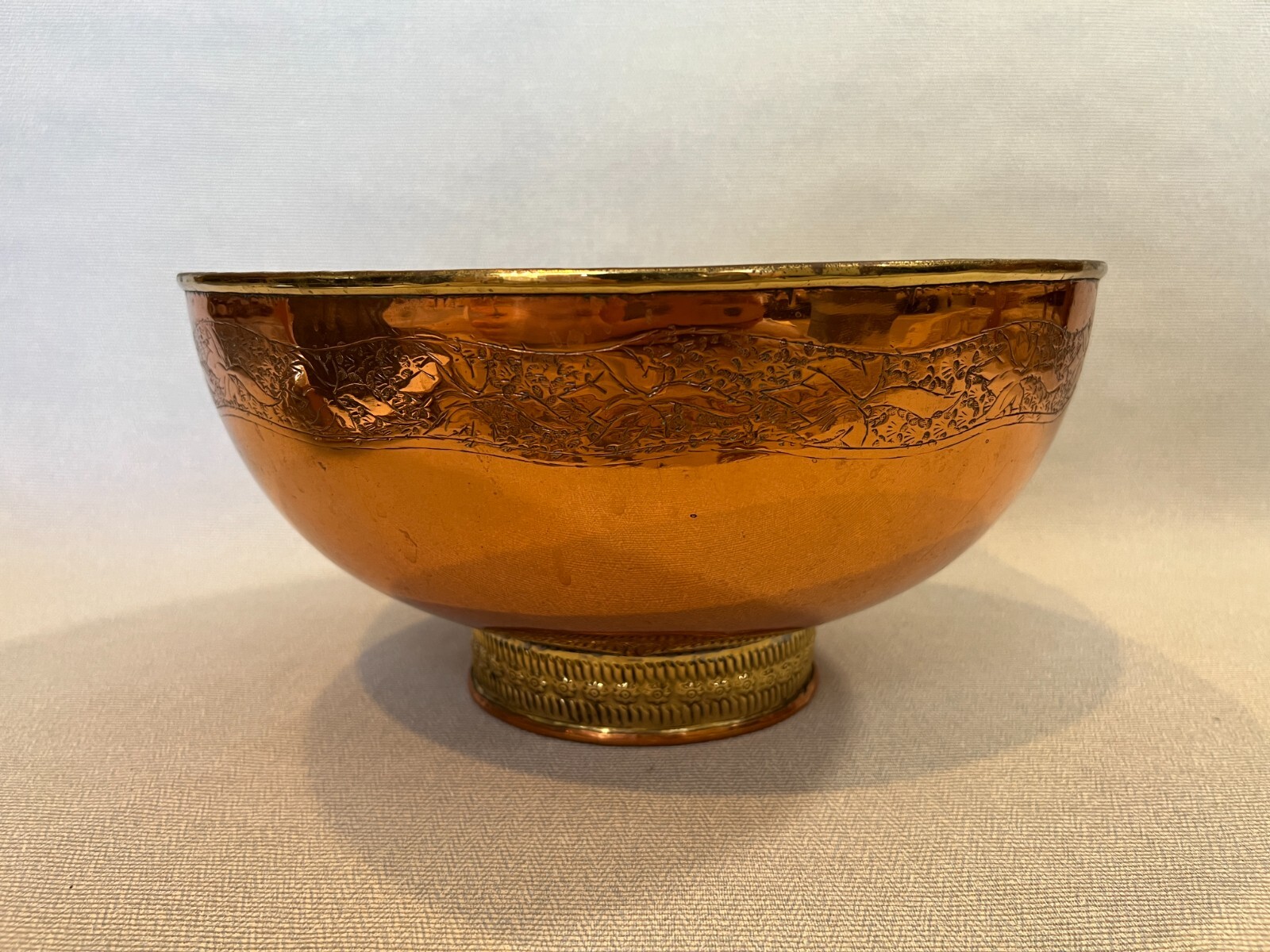 Vintage Large Kashmiri Copper Brass Footed Engraved Bowl, 14\