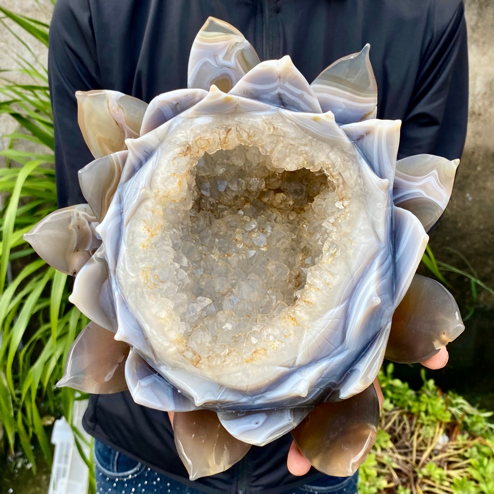 12LB Natural Agate Geode Carved Lotus Flower, Hand Carved Healing Crystal Home