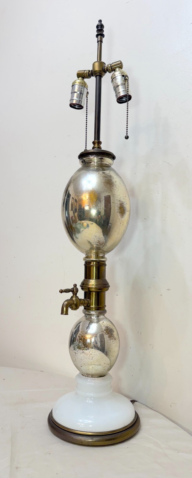 Large antique mercury glass brass seltzer siphon bulbous round bottle table lamp