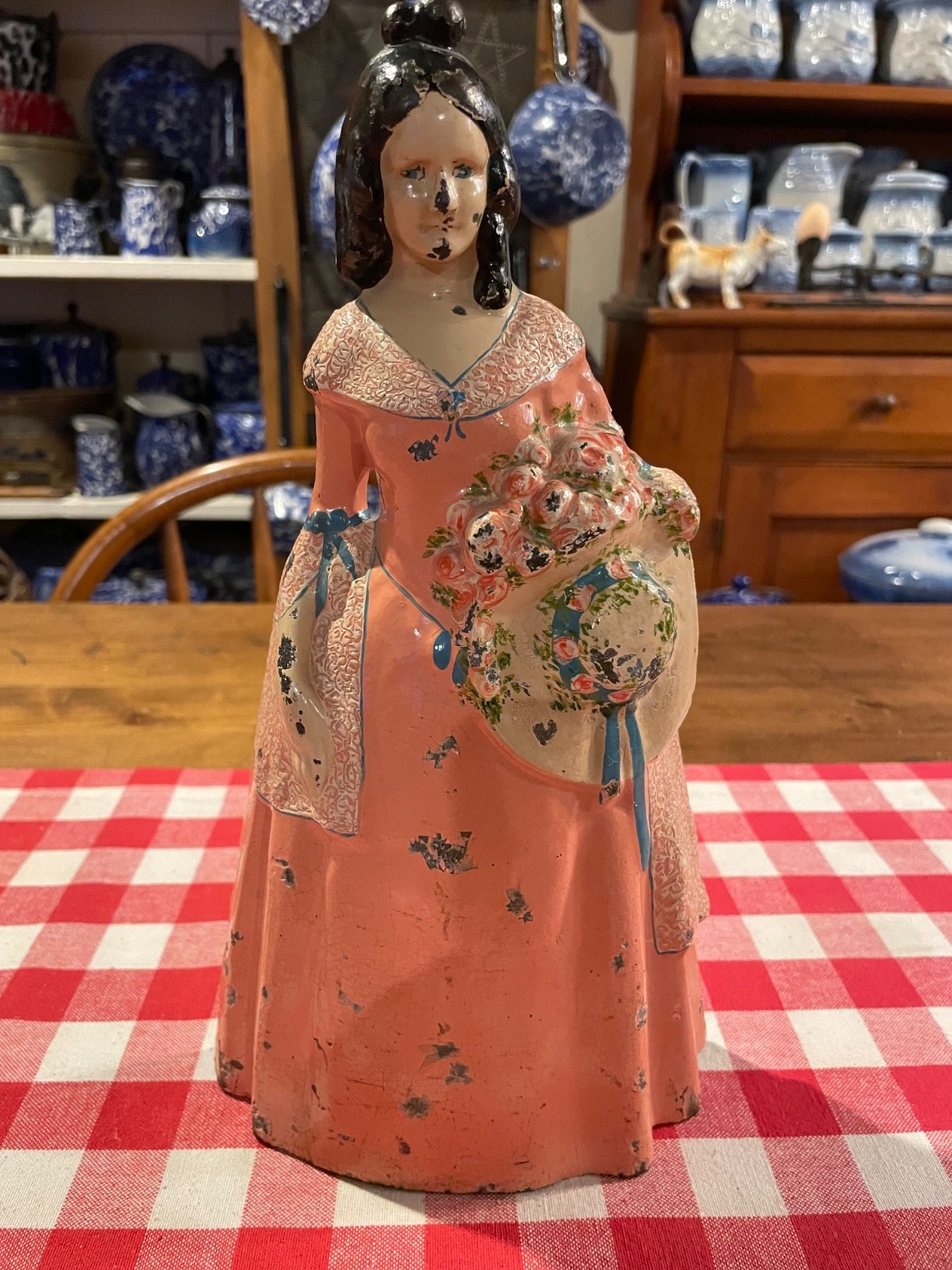 Antique Cast Iron Lady with Hat and Flowers Doorstop (ca early 20th century)