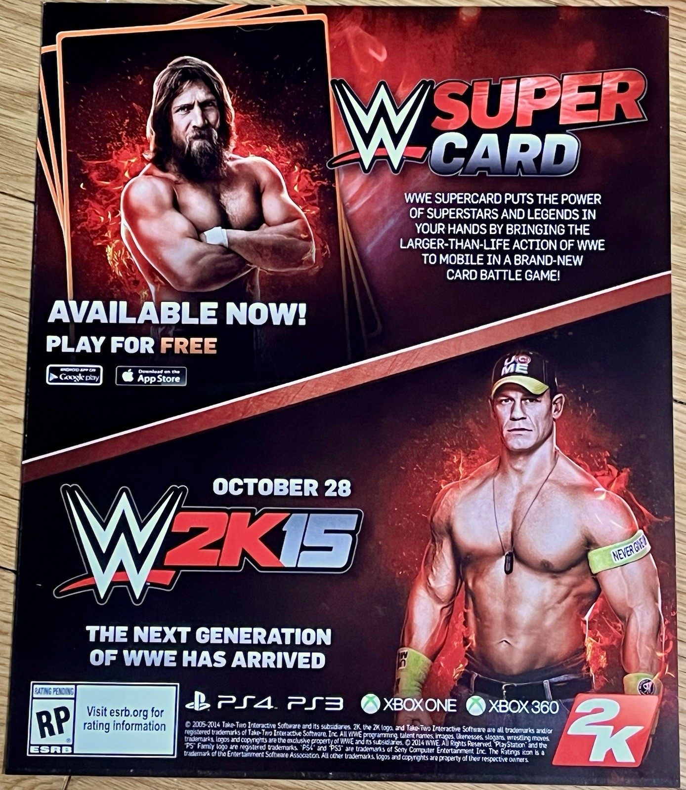 WWE Wrestlemania 9x11 Poster Print John Cena 2k15 wrestling Video Game Ad RARE