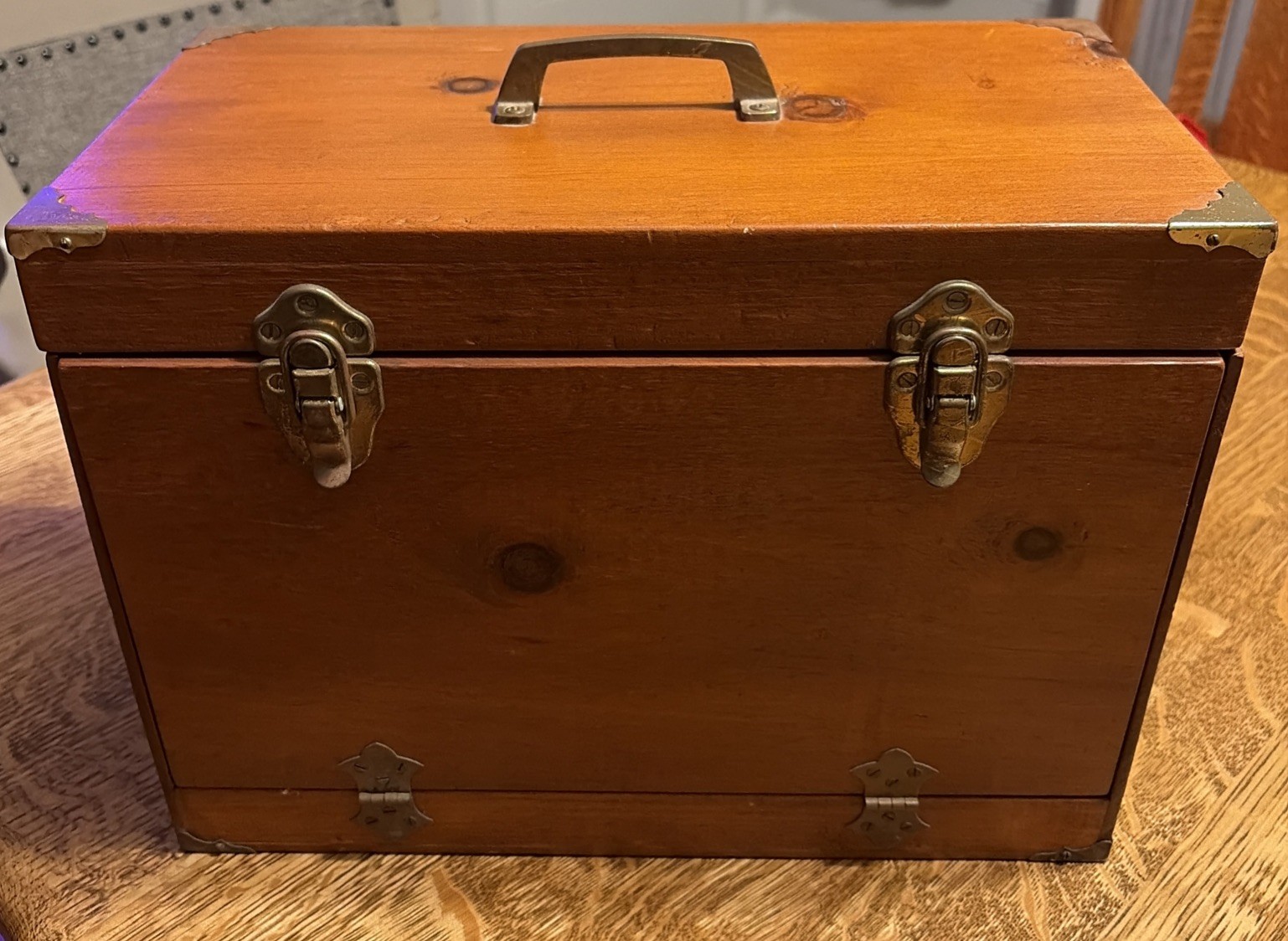 Vintage Pine Travel writing Desk 15x8x10 Brass Closure Handle Corners Hinges