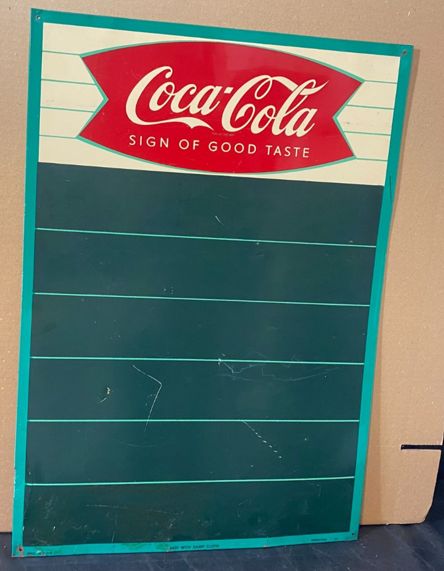 vintage 1950s Coca-Cola vintage metal sign chalkboard 28 x 20 w/ fishtail logo