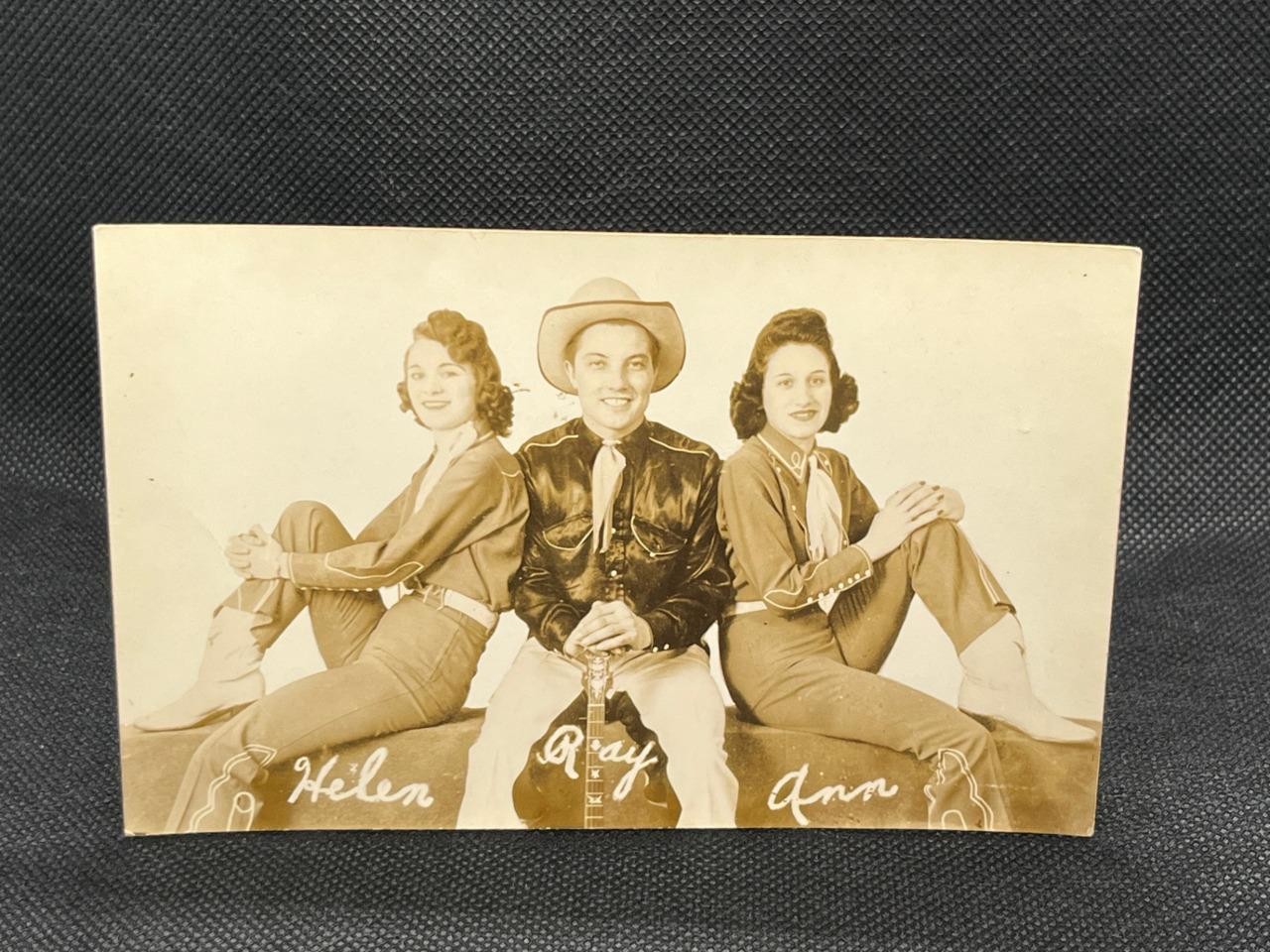 RPPC 1940-50\'S RAY LITTLE\'S RADIO COWBOY SHOW WLBZ BANGOR, ME HELEN, RAY & ANN