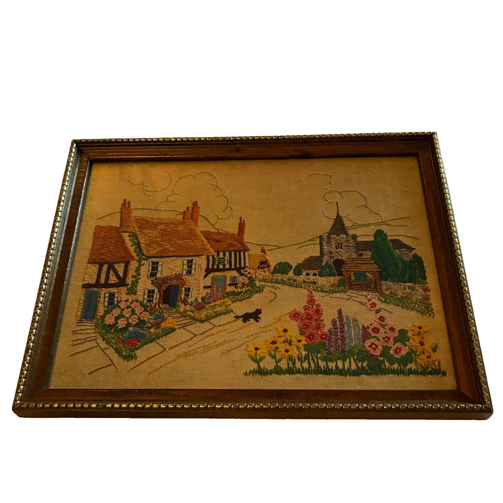 Vintage Needlepoint Print Cottage Scene Cottage Core Framed Art 13x10\