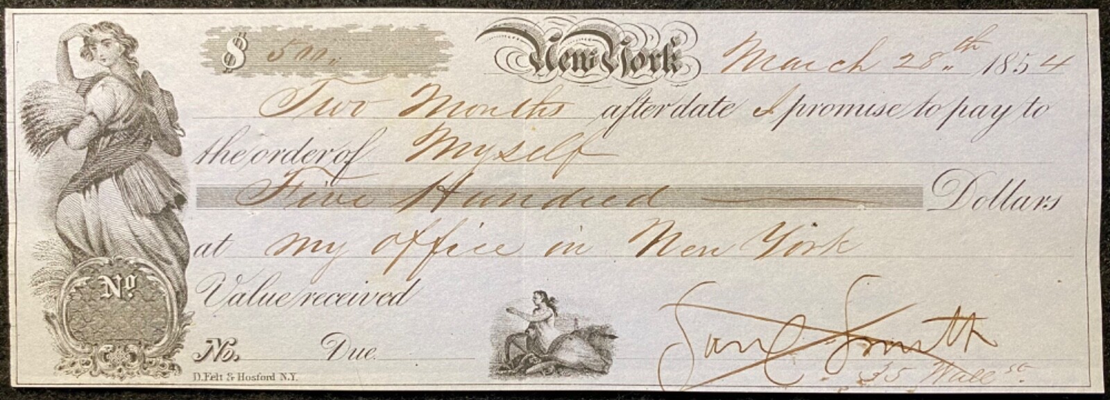 1854 **NEW YORK** $500 PROMISSORY NOTE+(BEAUTIFUL GRAPHIC) VIGNETTES  SCARCE