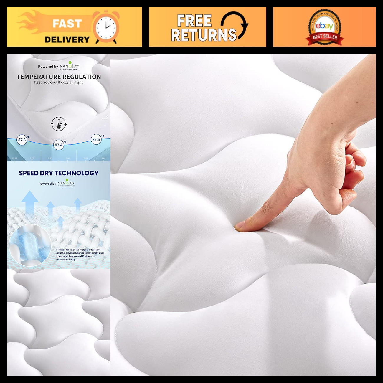 SLEEP ZONE Cooling Mattress Topper, King, White, Machine Washable, Deep Pocket,