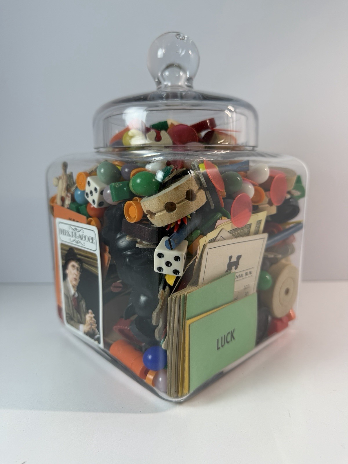 Vtg Junk Lot Mid-Century Toys Trinkets Charms Dice Game Pieces Apothocary Jar