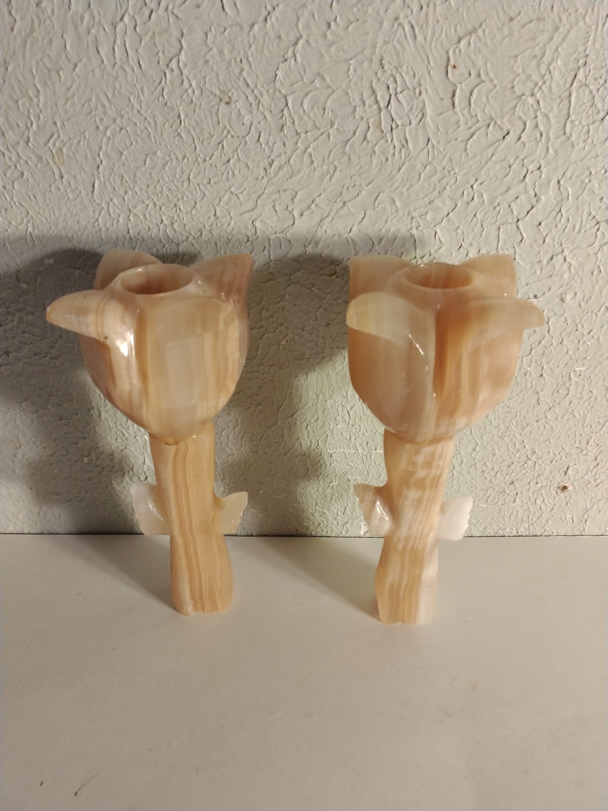 Vintage Pair Alabaster Marble Candle Holders Carved Candlesticks Pillar Tulip