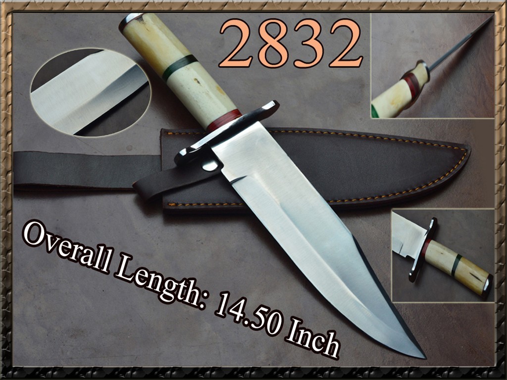 Custom Handmade D2 steel hunting bowie knife camel bone handle&Leather sheath