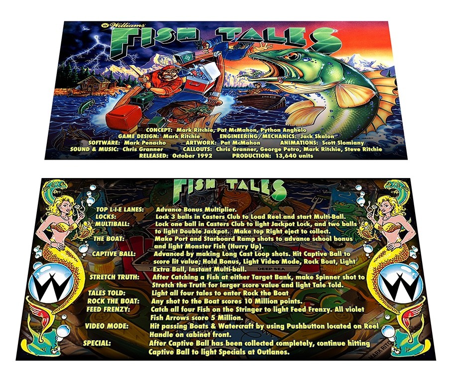 Williams Fish Tales Pinball Custom Apron Instruction Cards