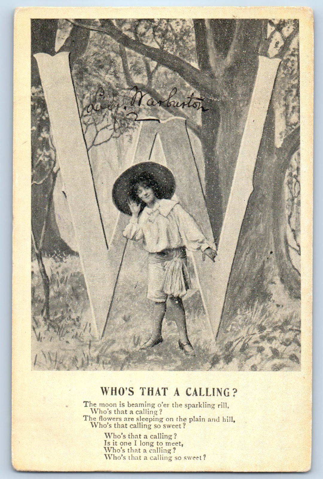 c1910\'s Large Letter W Alphabet Woman Who\'s That Calling Antique Posted Postcard