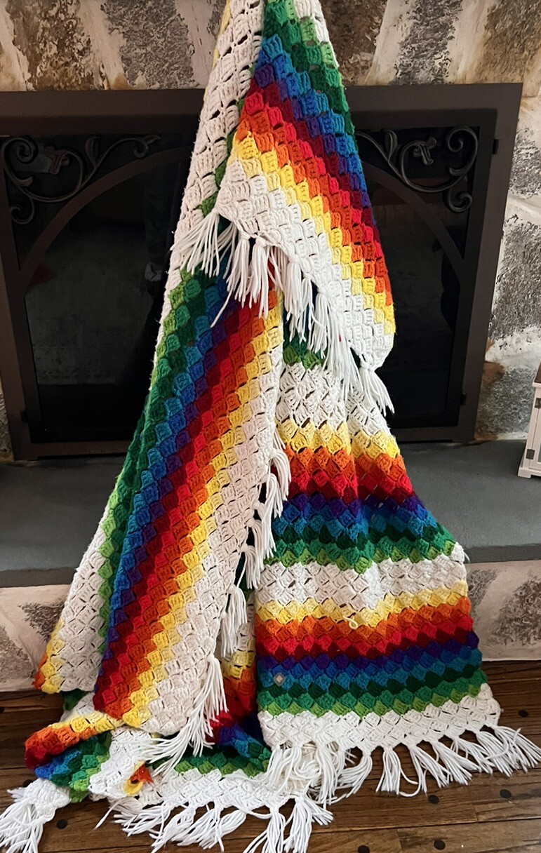VTG Rainbow Afghan Groovy 84x84” Crochet Cottage Throw Blanket Boho