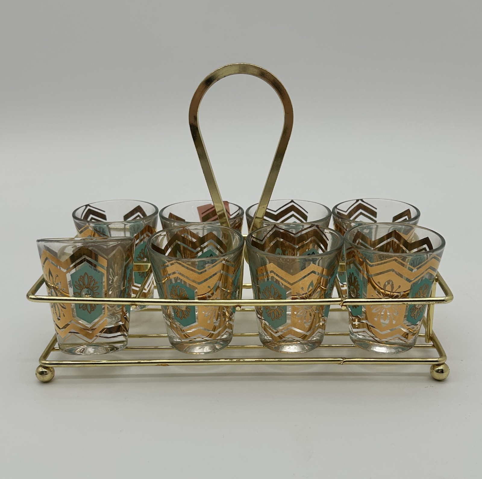 Vintage MCM Teal Gold Chevron 8 Piece Shot Glass Set with Brass Carrier Caddy