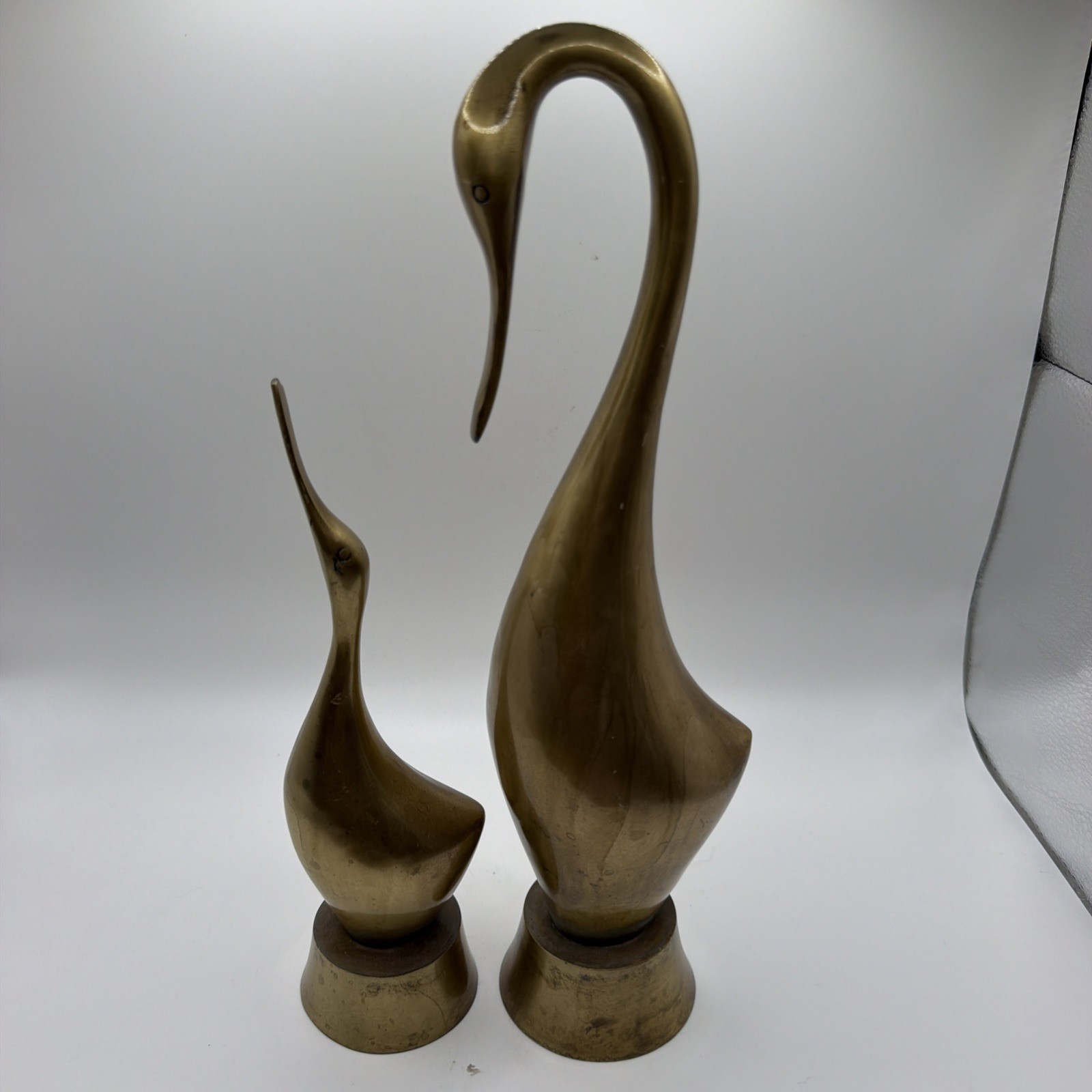 2 Vintage Brass Swan Figurine Set Large Mid Century Sculpture Statue 12.5” & 9”