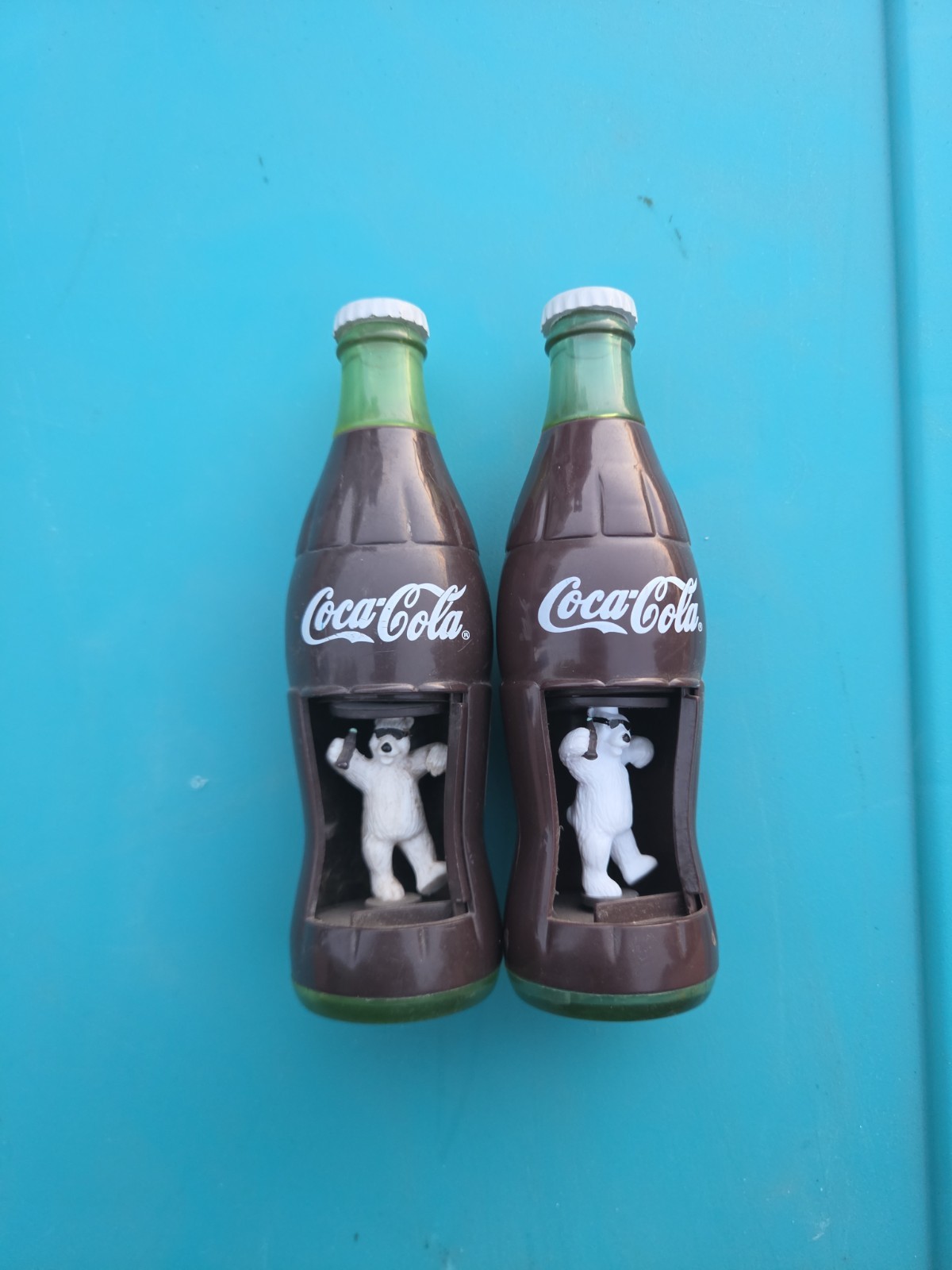 2000 Coca-Cola - Vintage Wind Up Bottle Spinning Polar Bear Toy works Set Of 2