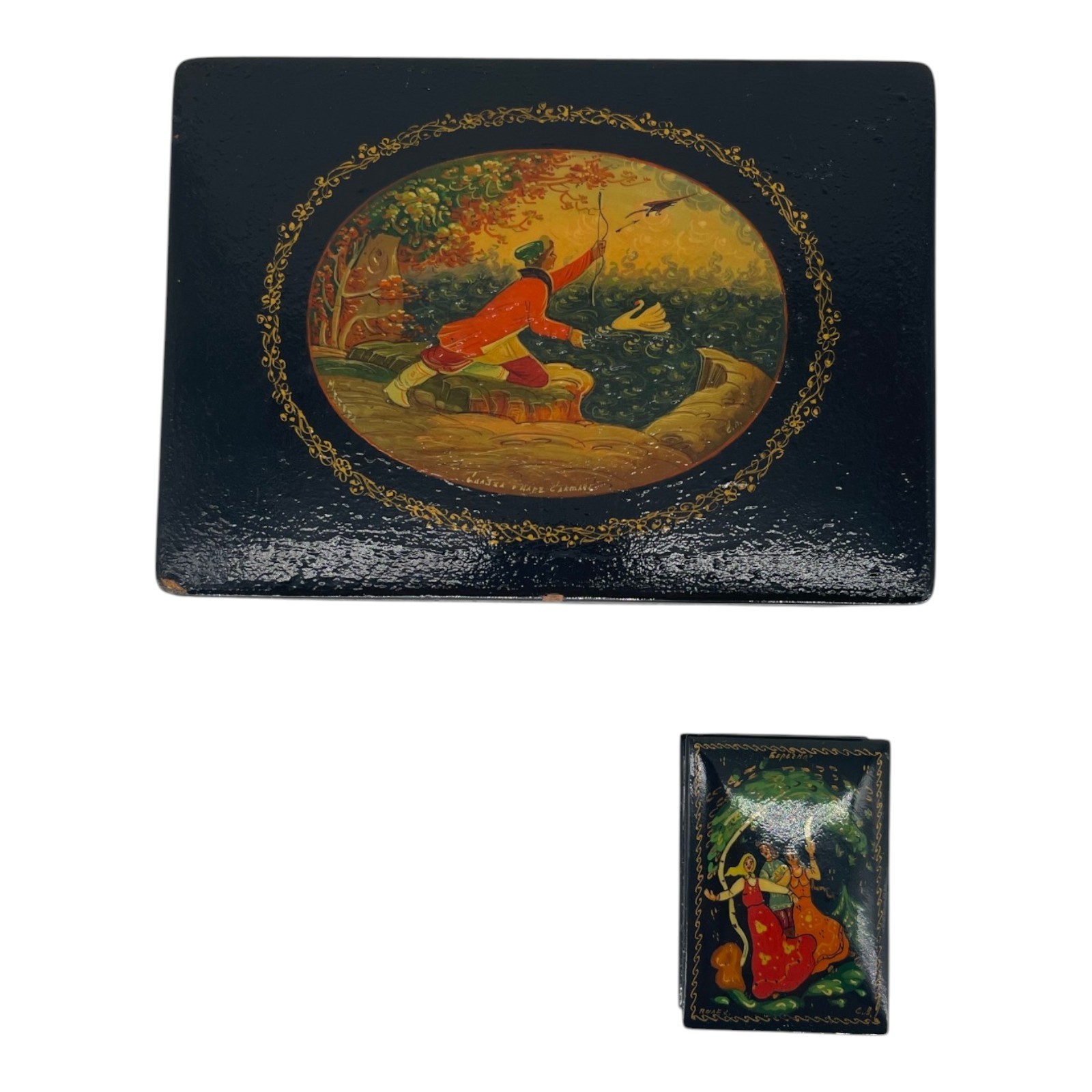 Vintage Russian Lacquer Box Set Large & Small Hand Painted USSR Fairy Tale Scene