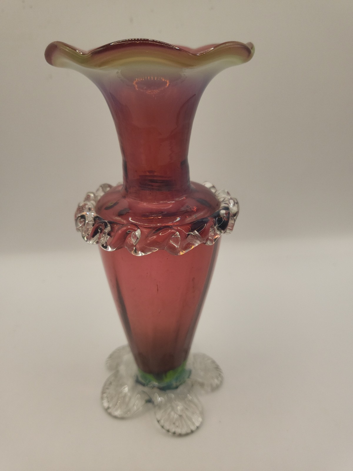 Antique Victorian Cranberry Glass Vase w Applied Petal Feet & Rigaree 1880 GLOWS
