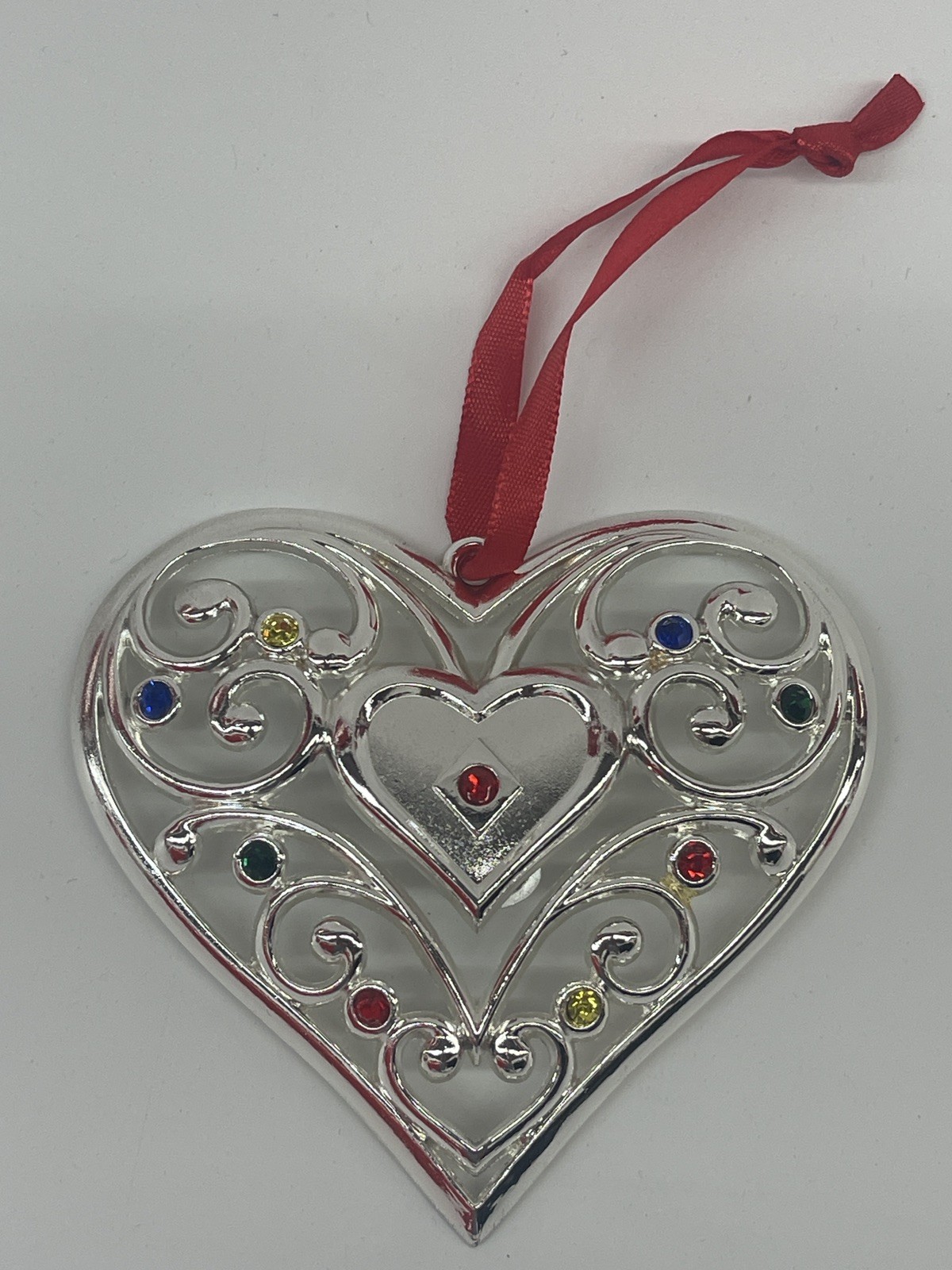 Lenox Sparkle and Scroll Multi Crystal Heart Christmas Ornament Silverplate Box