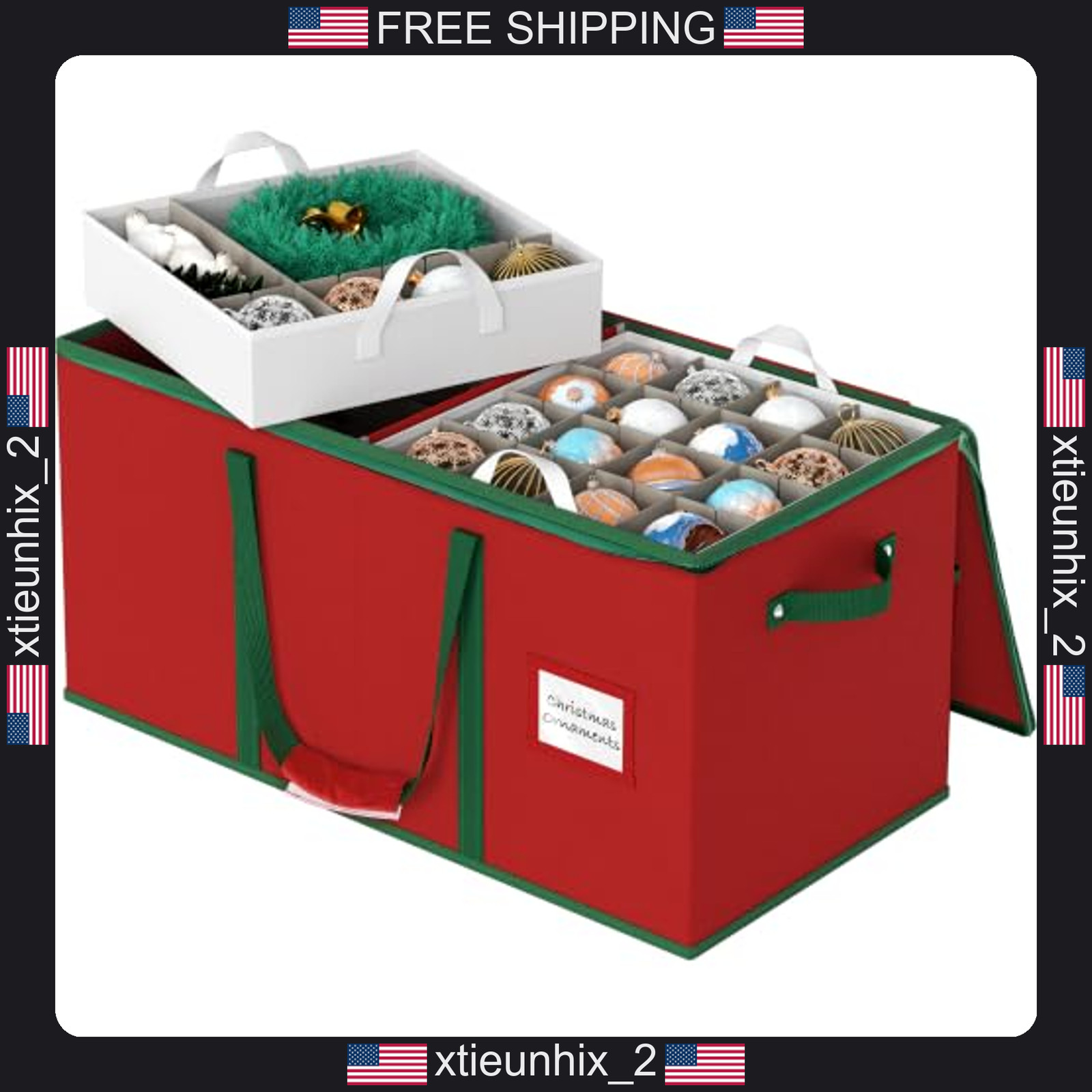 Christmas Ornament Storage Box with Adjustable Dividers, Holds 128 Ornaments