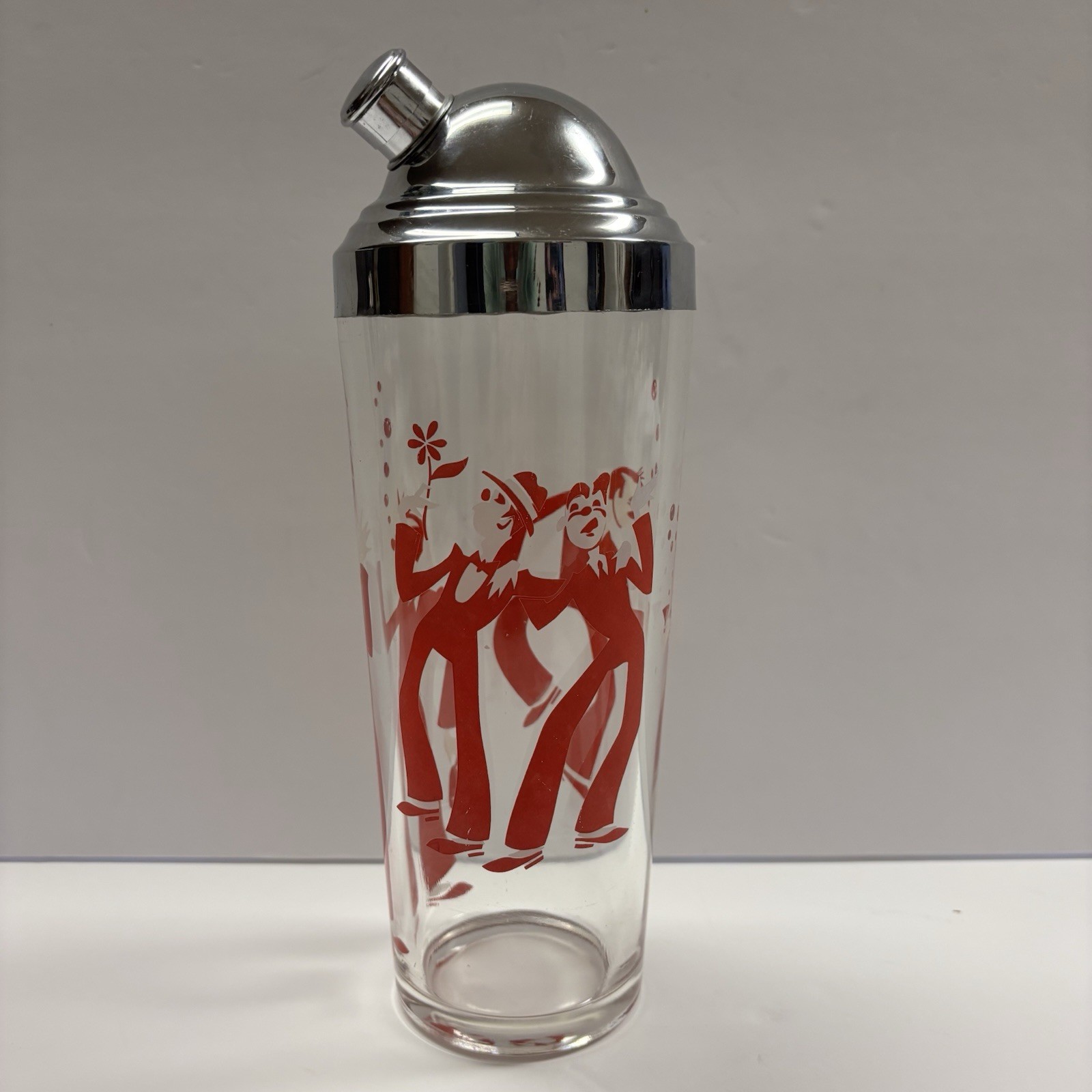 Vtg 1960s MCM Cocktail Shaker Red & White Clown Motif 10.5