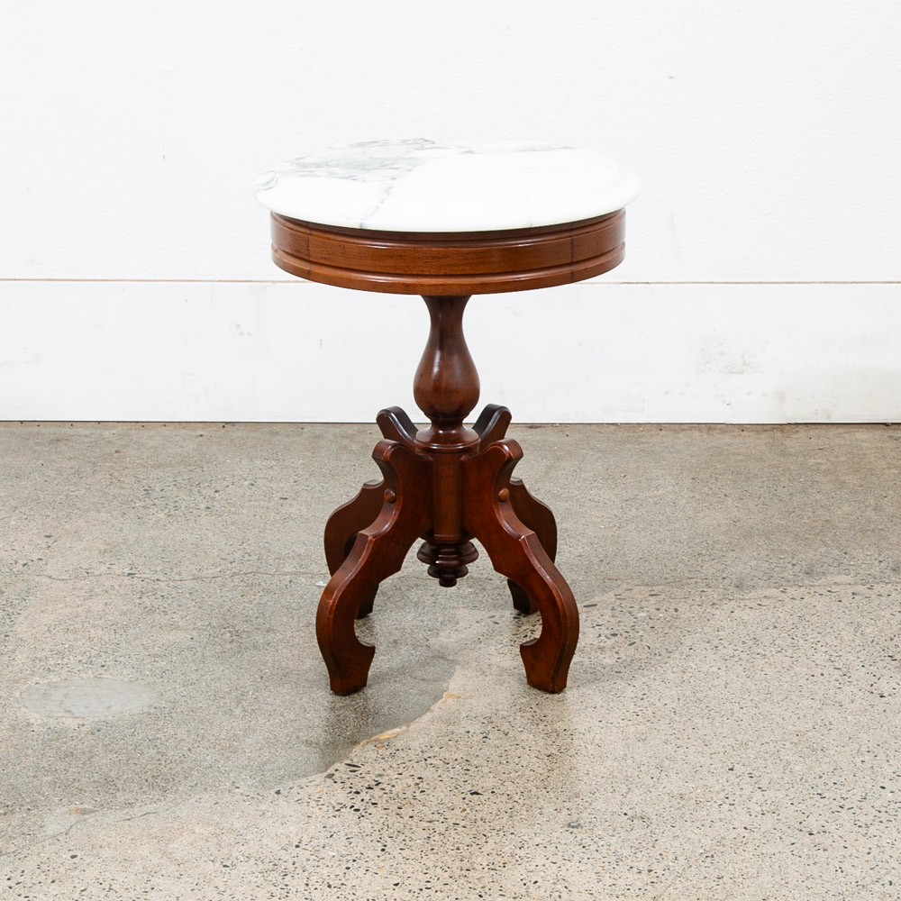 Mid Century Modern End Table SideRound Stone Pedestal Mahogany Marble Vintage NM