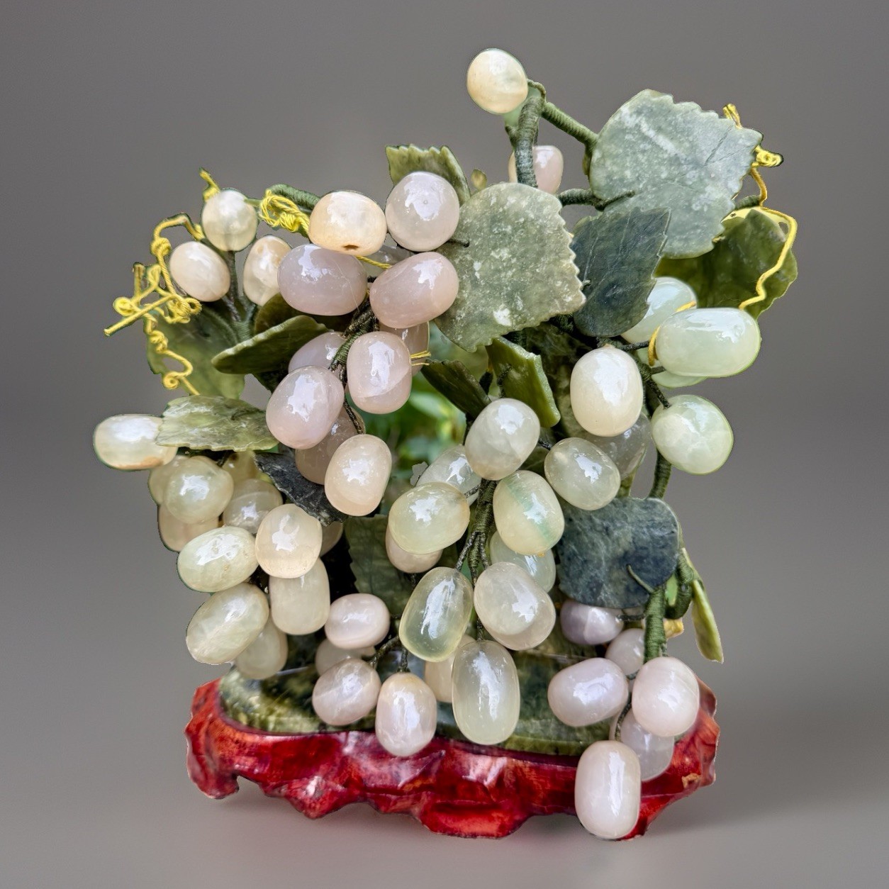 Large Vtg Carved Jade Glass Grape Tree Celadon Quartz Stone Bonsai Wood Base