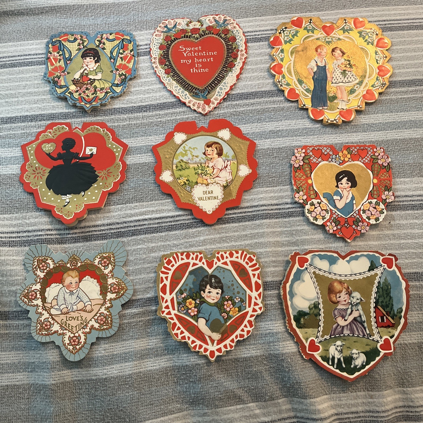 12 Vintage (1930’s) Valentine Day Cards Embossed Scalloped Heart die cuts 