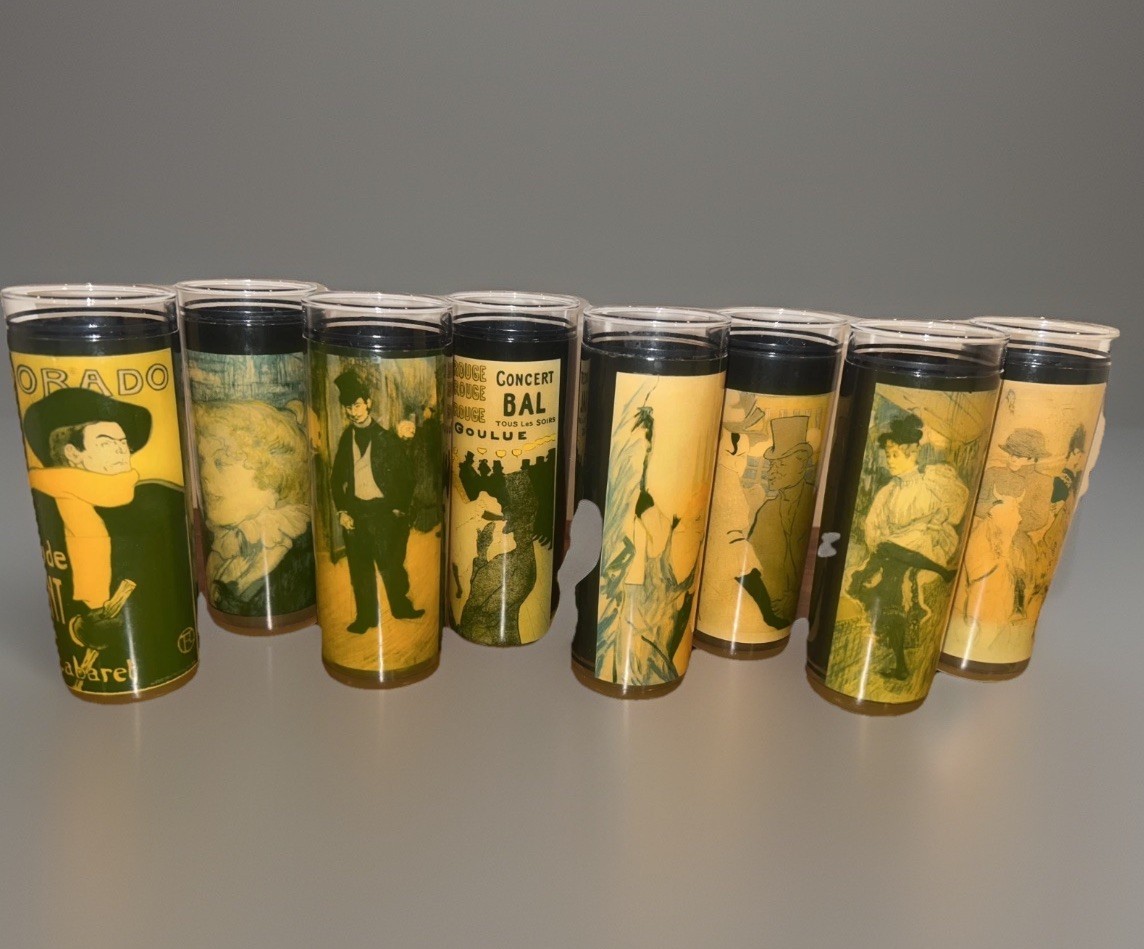 VTG Toulouse-Lautrec Art Moulin Rouge La Goulue Highball Bar Glasses Set Of 8