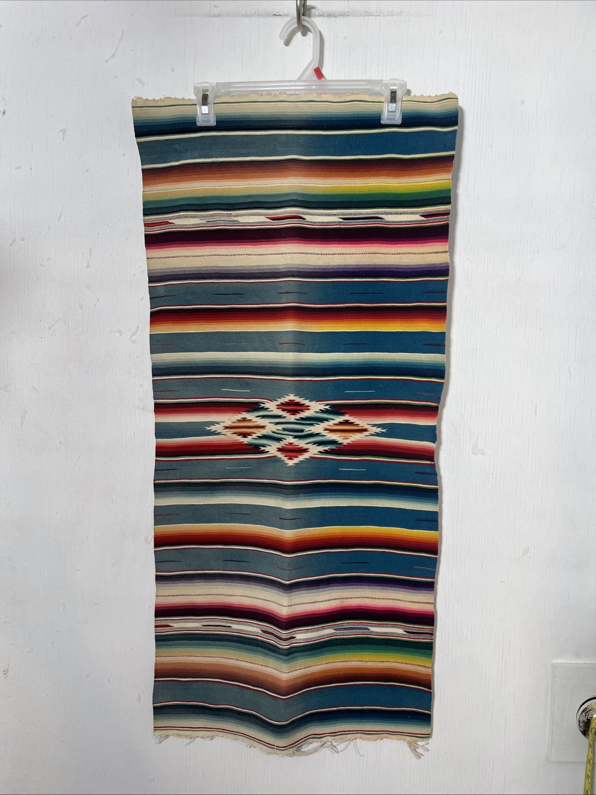 Vtg Mexican Serape Saltillo Hand Woven Wool Runner Wall Hanging 37\