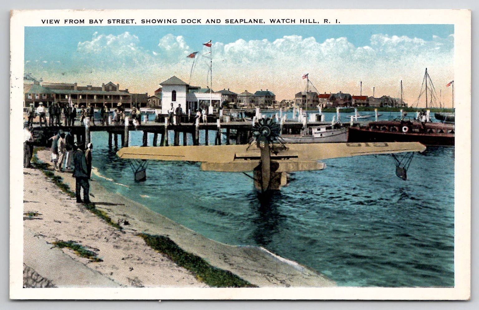 1932 Watch Hill RI View from Bay Street Showing Dock and Seaplane Postcard 1932 Watch Hill RI View from Bay Street Showing Dock and Seaplane Postcard