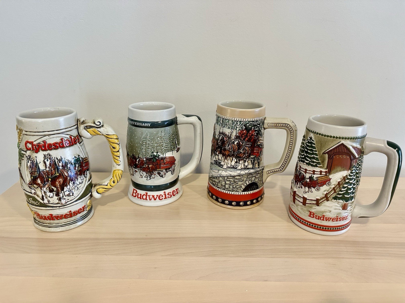 Vintage Lot of 4 BUDWEISER BUD Beer Steins Mugs in Great Condition 1982-1988