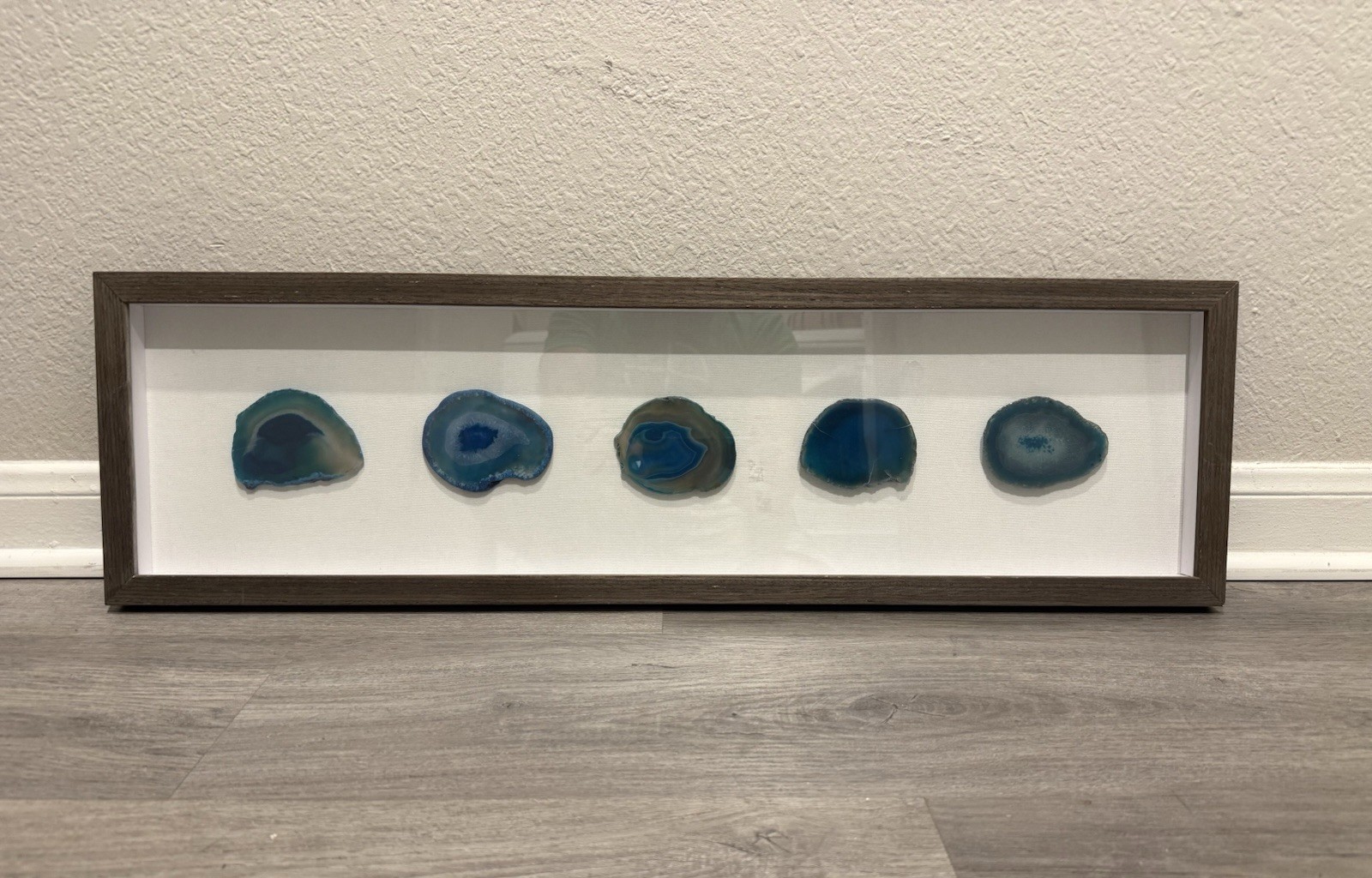 Natural 5 Agate Stone Slices in Shadow Box Wall Art Frame approximate 30”x 9”