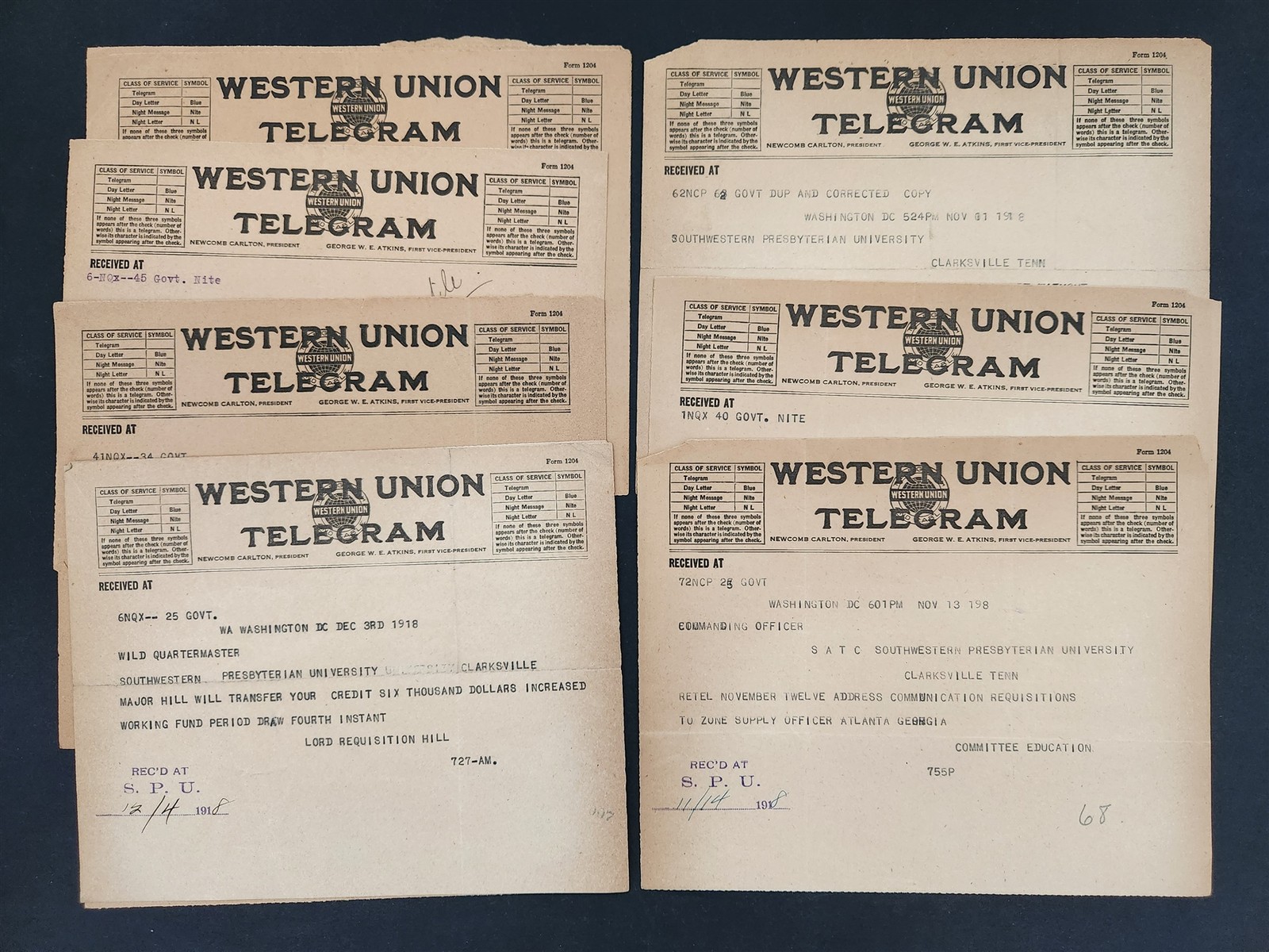 1918 antique WWI 9pc TELEGRAM clarksville tn STUDENT ARMY TRAINING CORPS history