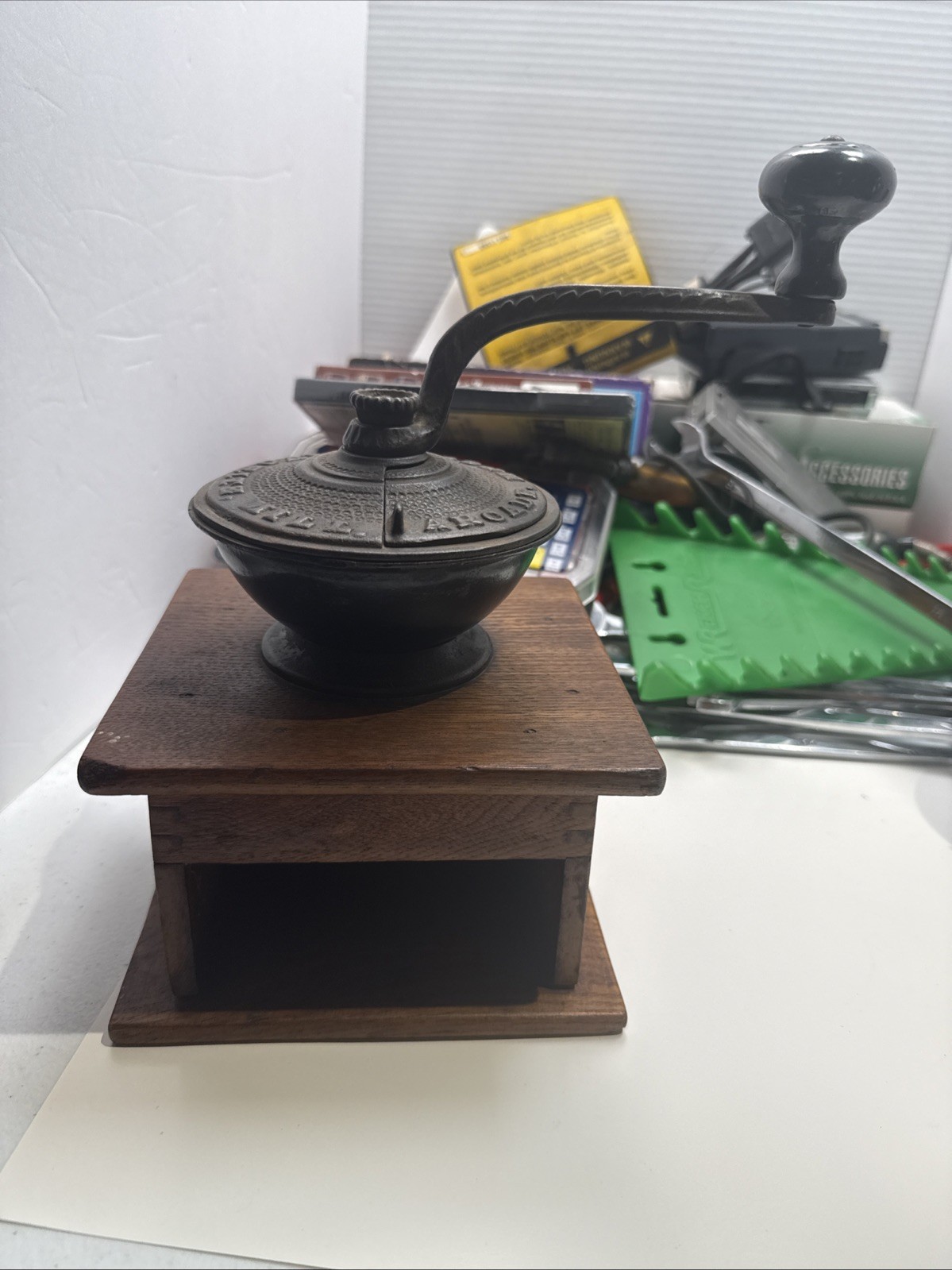 1890\'s Antique Cast Iron Top Coffee Grinder Imperial Arcade Mfg No Drawer