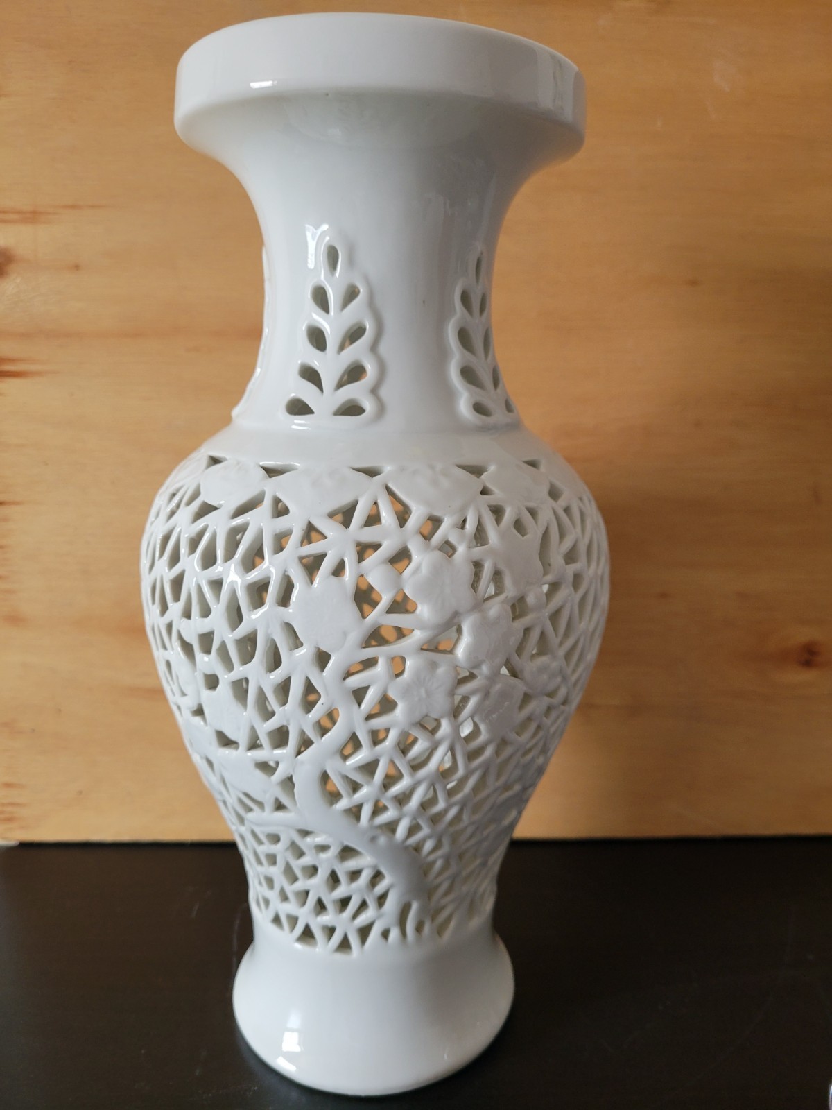 Vintage Blanc De Chine White Vase Cherry Blossom Chinese Reticulated Porcelain 