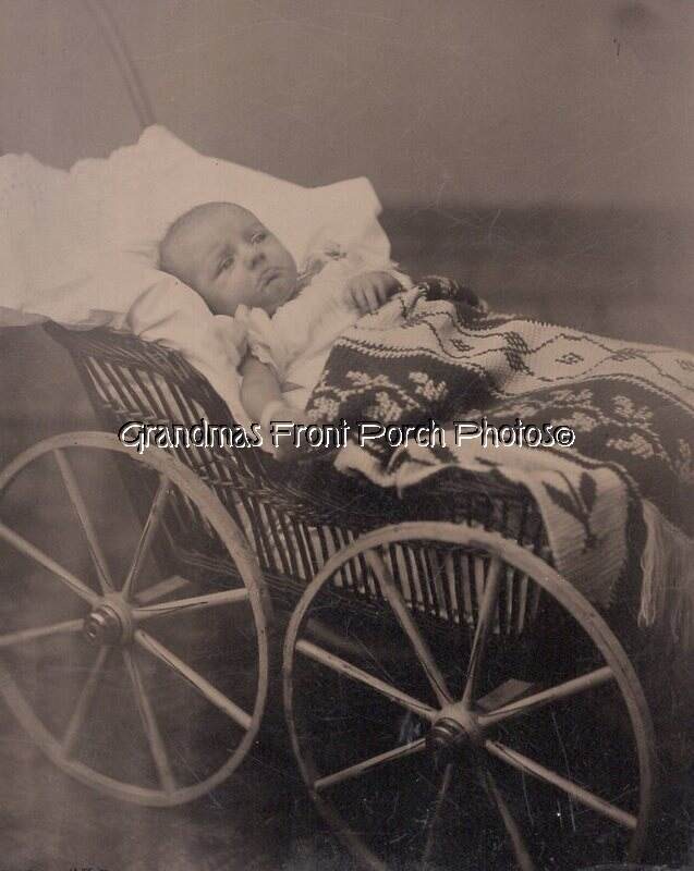 Antique 1/6th Tintype Photo Sad Baby in Big-wheeled Carriage 1860s