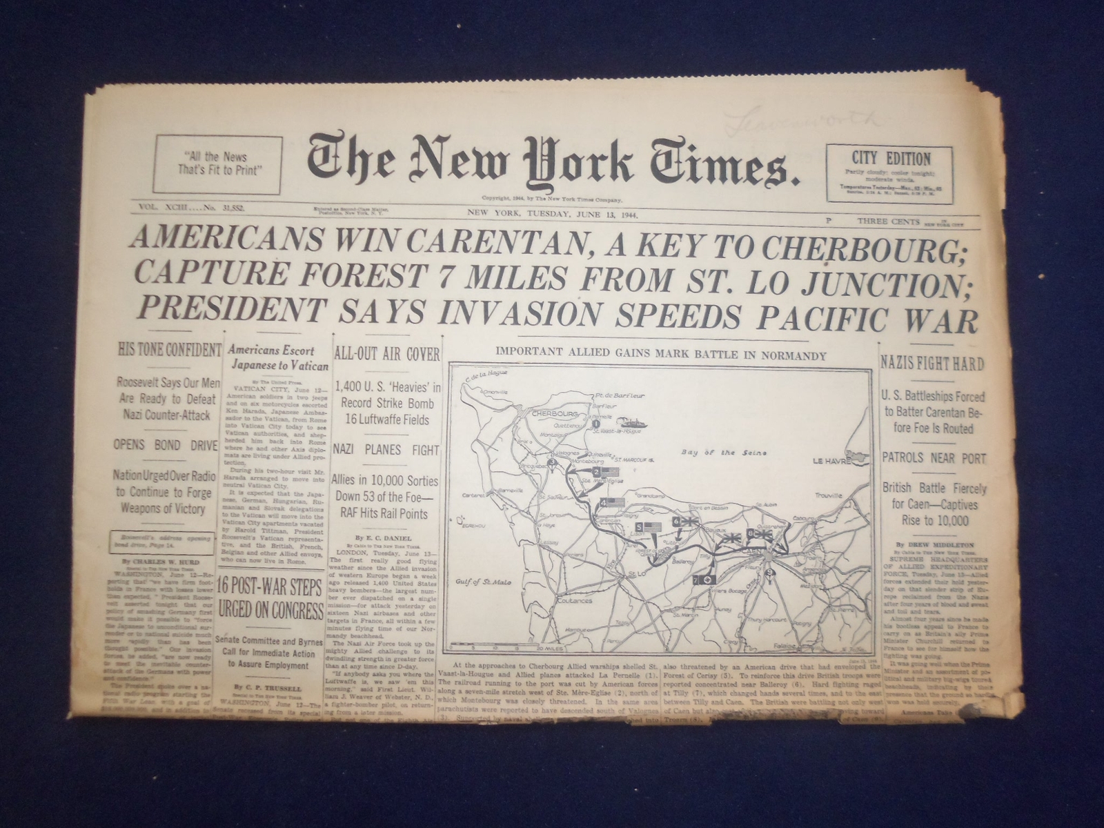 1944 JUNE 13 NEW YORK TIMES -AMERICANS WIN CARENTAN, A KEY TO CHERBOURG- NP 6566