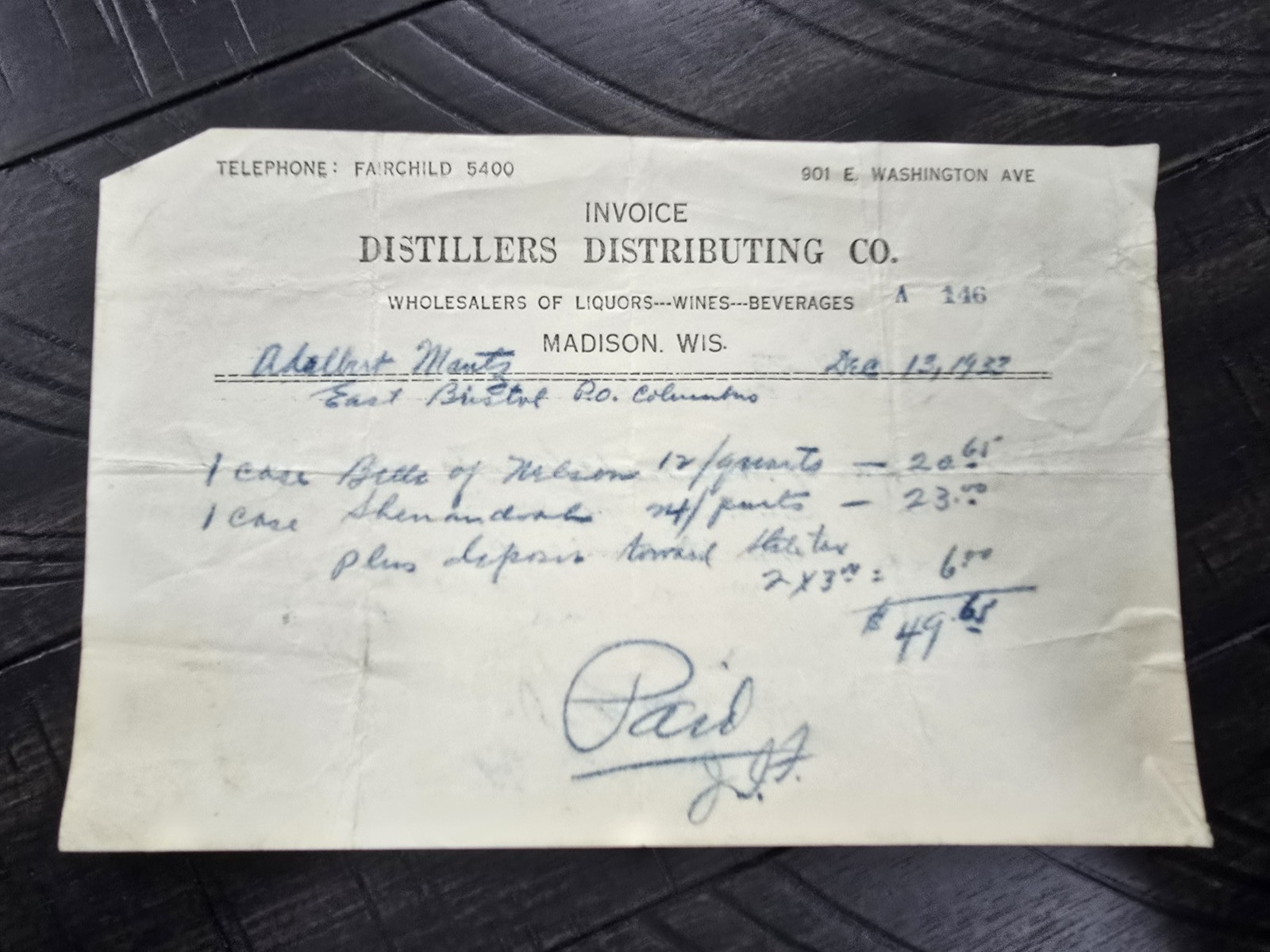 1933 Distillers Distributing Co Whiskey Madison Wisconsin Receipt Billhead