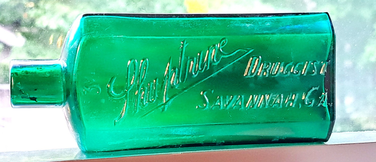 RARE SHUPTRINE DRUGGIST PHARMACY GREEN BOTTLE SAVANNAH GEORGIA ANTIQUE