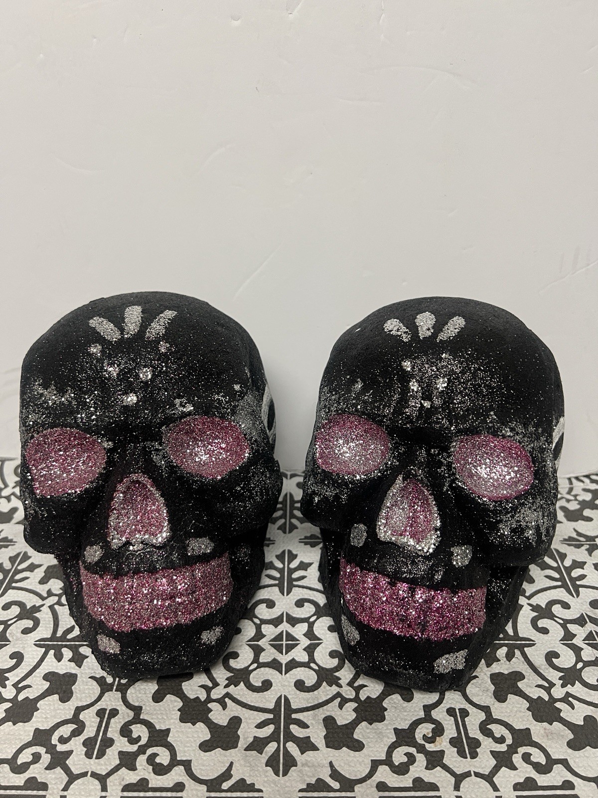 Day of the Dead Halloween Black Silver Pink Sparkle Glitter Sugar Skull NEW